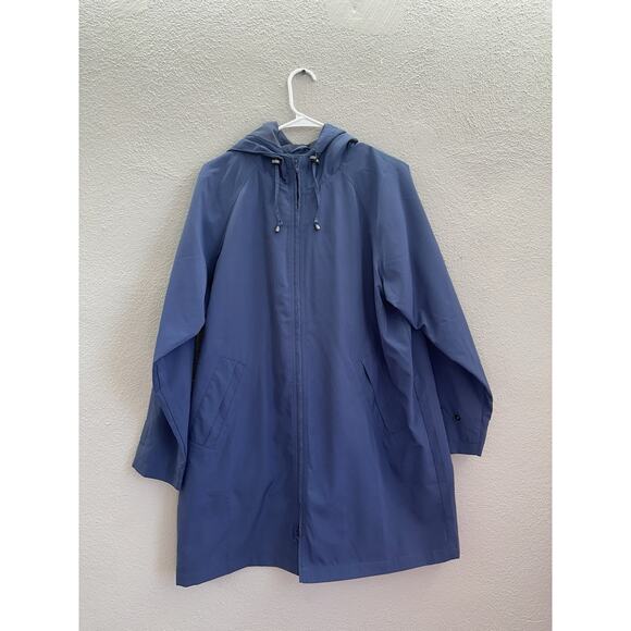 L.L. Bean Womens Jacket Size Petite Large Dark Blue Zip Up Hooded Trench Coat - Picture 1 of 12